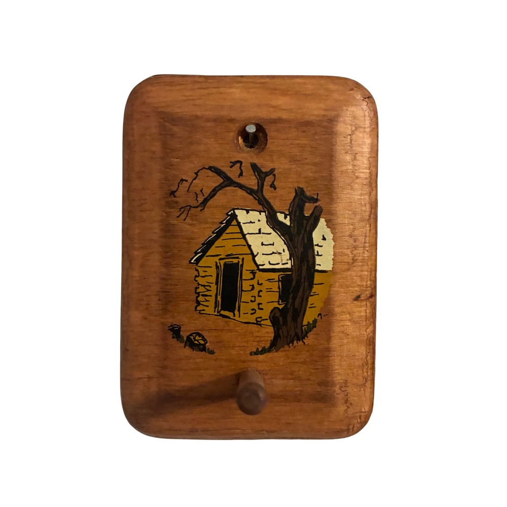 Vintage 1984 Hand Painted Wood Cabin Wall Hook Rustic Folk Art Signed